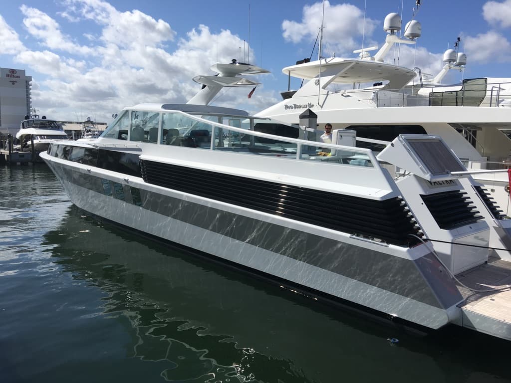 Day boat salon glass with marine window tint in a Palm Beach marina