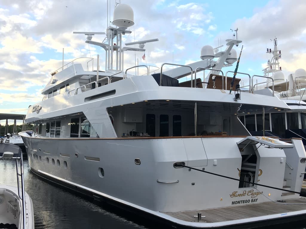 Tri-deck motoryacht salon windows with marine film, Montego Bay hull