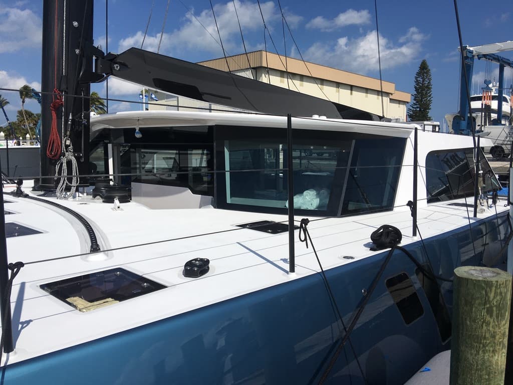 Catamaran cabin glass with marine window film in a Florida marina